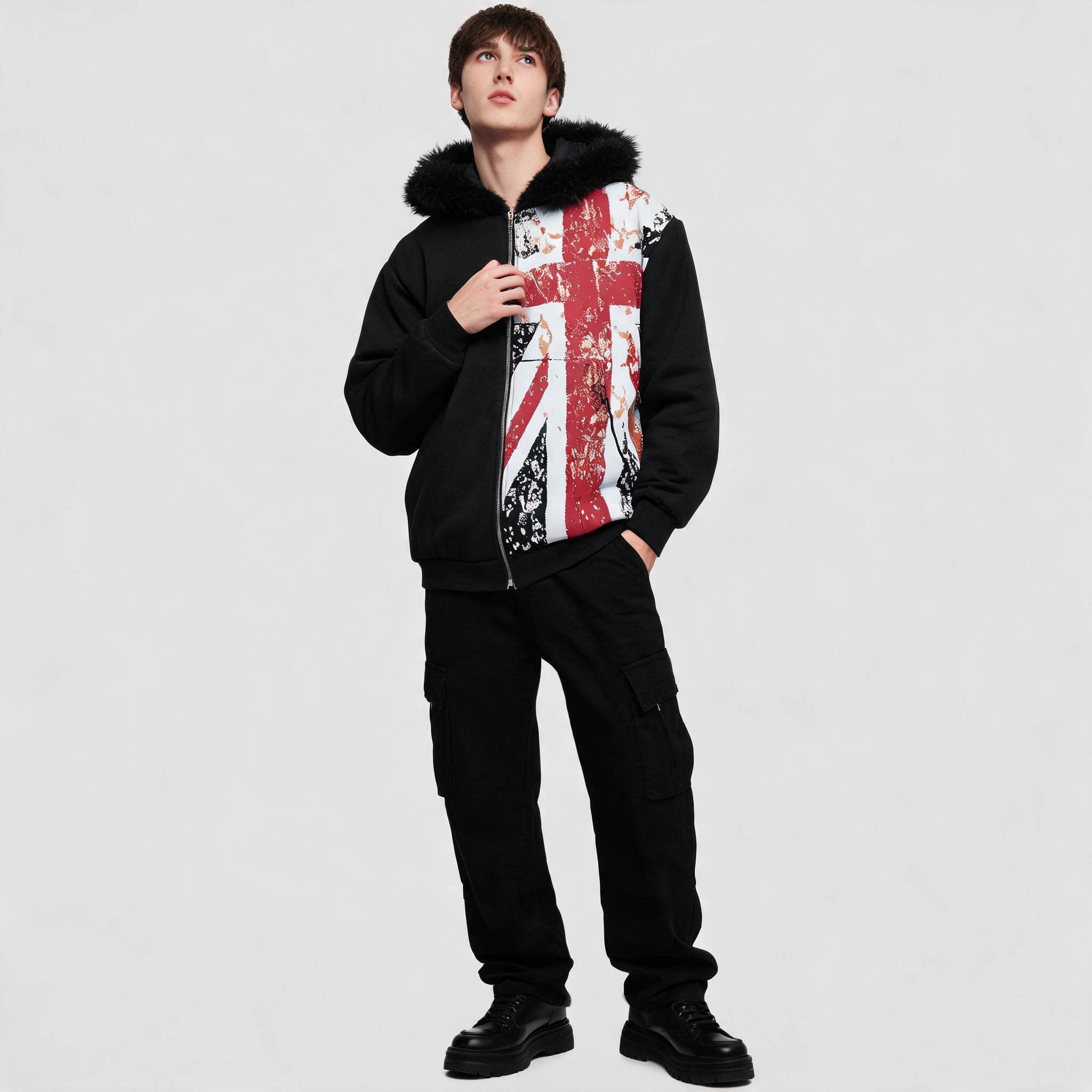Winter Clothing Uk - Vintage jas met UK-vlagprint, rits, capuchon,